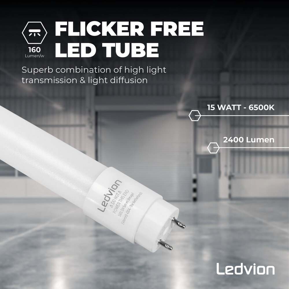 Ledvion Tube néon LED 150CM - 15W - 6500K - 2400 Lumen - Haute efficacité
