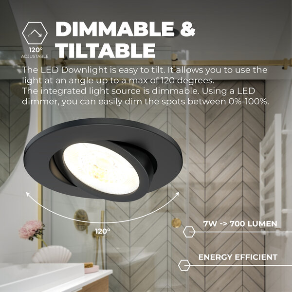 Ledvion Spots Encastrables LED Noir - Dimmable - IP65 - 7W - CCT - ø90mm - 5 ans de garantie - Convient pour la salle de bain