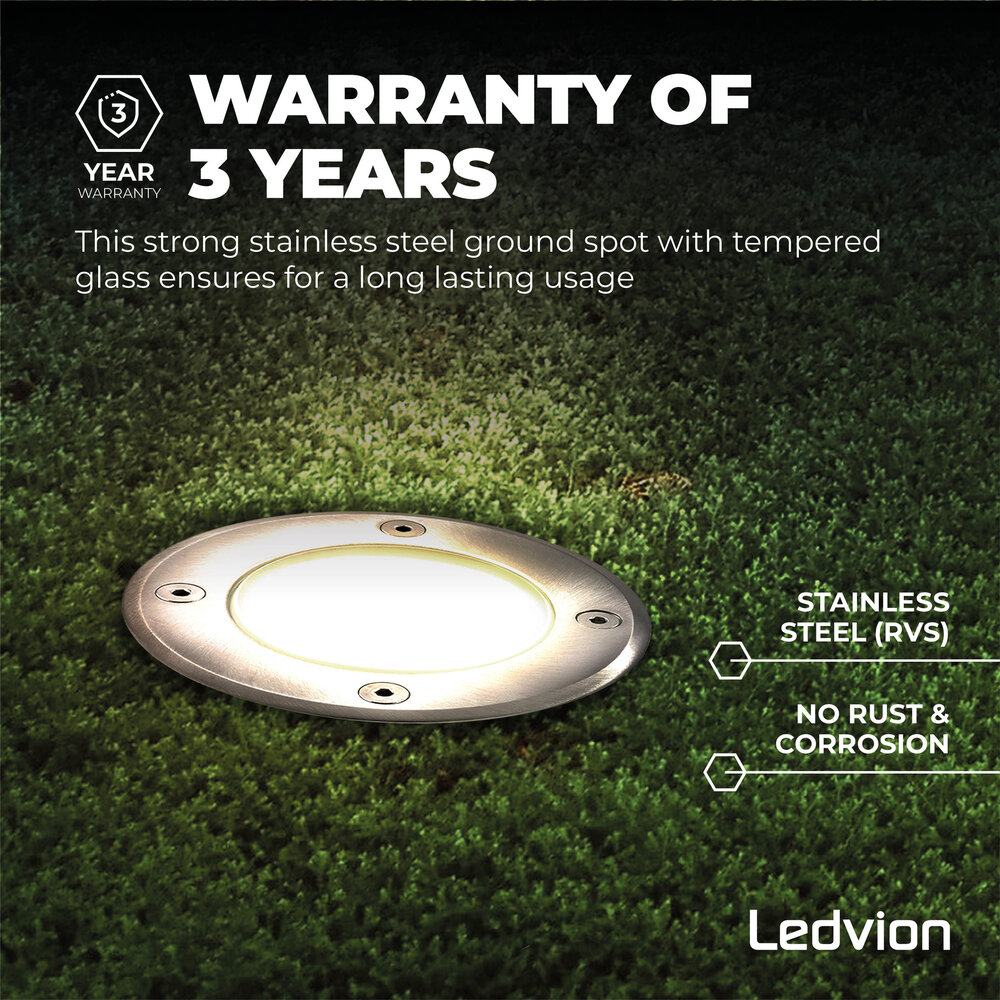 Ledvion 3x Spot encastrable de sol LED - Ronde - IP67 - 5W - 2700K - Câble 1M