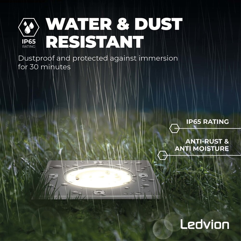 Ledvion 3x Spot encastrable de sol LED  - Carré - IP67 - 5W - 4000K - Câble 1M