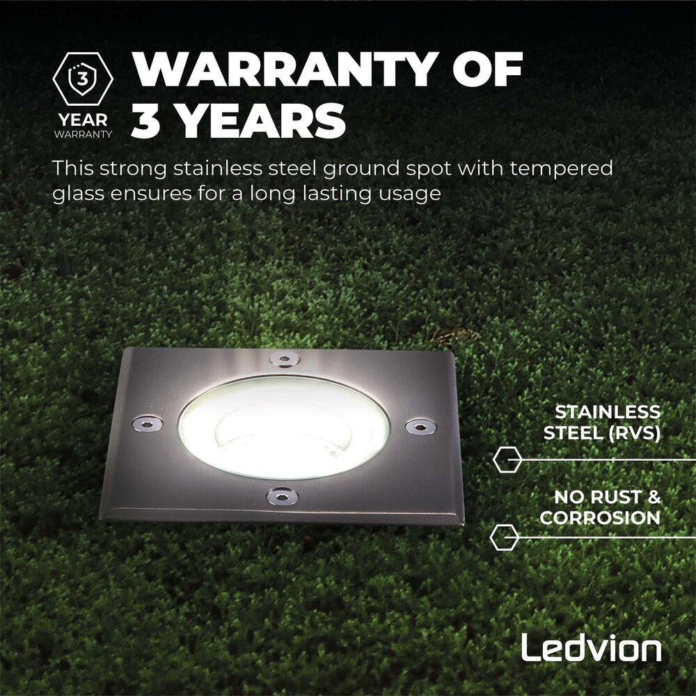 Ledvion 9x Spot encastrable de sol LED  - Carré - IP67 - 5W - 4000K - Câble 1M