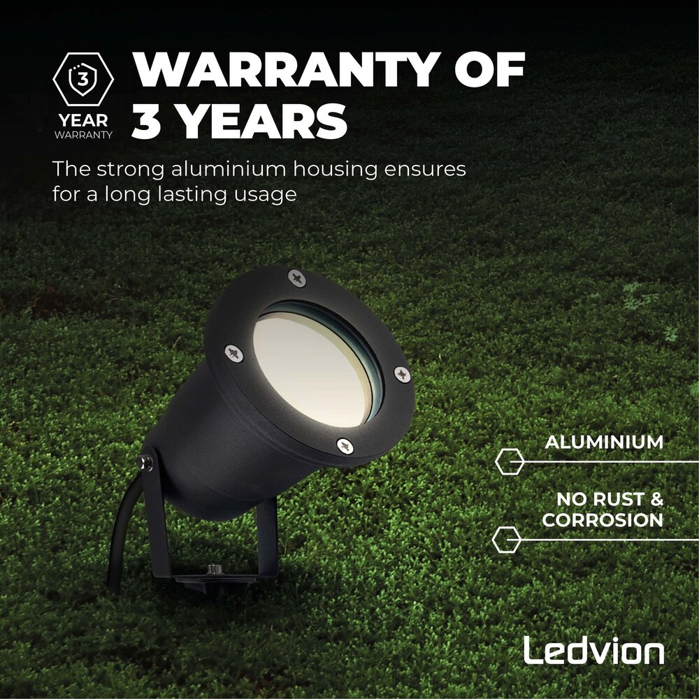 Ledvion 3x Spot à piquer LED – Aluminium – IP65 - 5W - 4000K -  Câble 1M