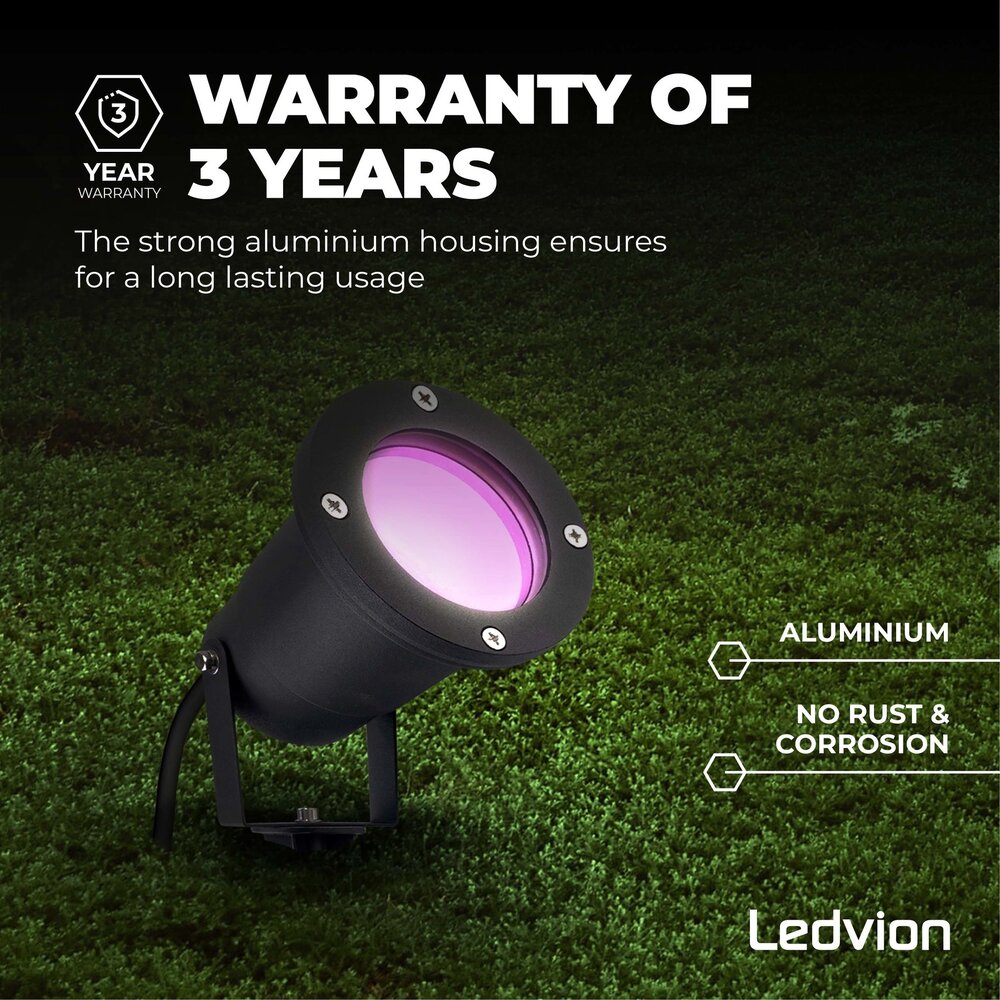 Ledvion 6x Spot à piquer LED – Aluminium – IP65 - 5W - RGBWW -  Câble 1M