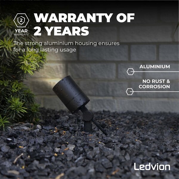 Ledvion 6x Spot à piquer LED – Aluminium – IP65 - 5W - 2700K - Câble 2M - Noir
