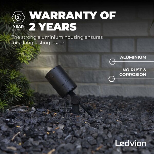Ledvion Spot à piquer LED – Aluminium – IP65 - 5W - 4000K - Câble 2M - Noir