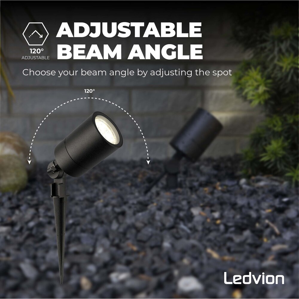 Ledvion 6x Spot à piquer LED – Aluminium – IP65 - 5W - 4000K - Câble 2M - Noir