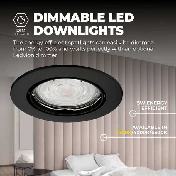 Ledvion Spot Encastrable LED - Dimmable - Noir - Amsterdam - 5W - 2700K - Ø82mm - 3 pièces