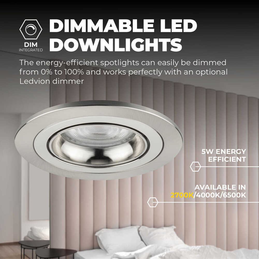 Ledvion Spot Encastrable LED - Dimmable - Inox - Tokyo - 5W - 2700K - Ø92mm - 3 pièces