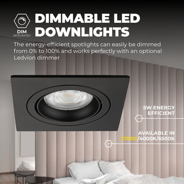 Ledvion Spot Encastrable LED - Dimmable - Noir - Sevilla - 5W - 2700K - 92mm - Carré - 3 pièces