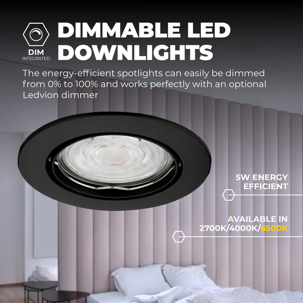 Ledvion Spot Encastrable LED - Dimmable - Noir - Amsterdam - 5W - 6500K - Ø82mm