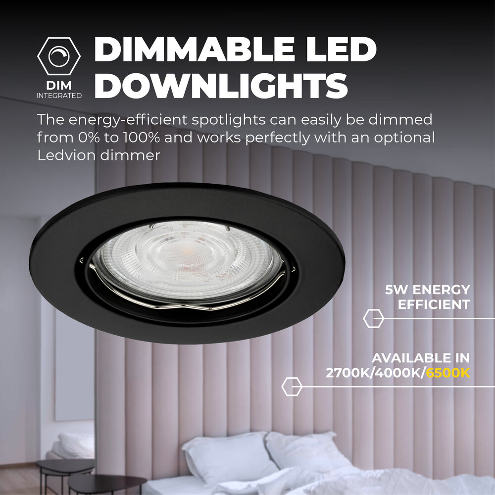 Ledvion Spot Encastrable LED - Dimmable - Noir - Amsterdam - 5W - 6500K - Ø82mm - 3 pièces