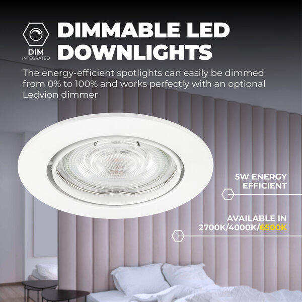 Ledvion Spot Encastrable LED - Dimmable - Blanc - Amsterdam - 5W - 6500K - Ø82mm - 3 pièces
