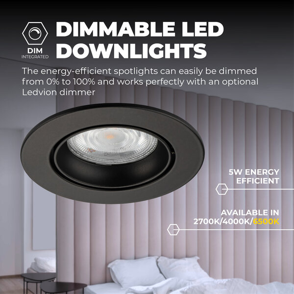 Ledvion Spot Encastrable LED - Dimmable - Noir - Rio - 5W - 6500K - Ø85mm - 3 pièces