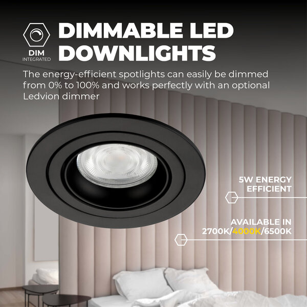 Ledvion Spot Encastrable LED - Dimmable - Noir - Tokyo - 5W - 4000K - Ø92mm - 3 pièces