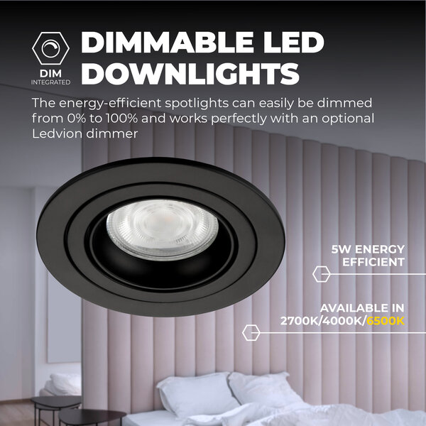 Ledvion Spot Encastrable LED - Dimmable - Noir - Tokyo - 5W - 6500K - Ø92mm - 3 pièces