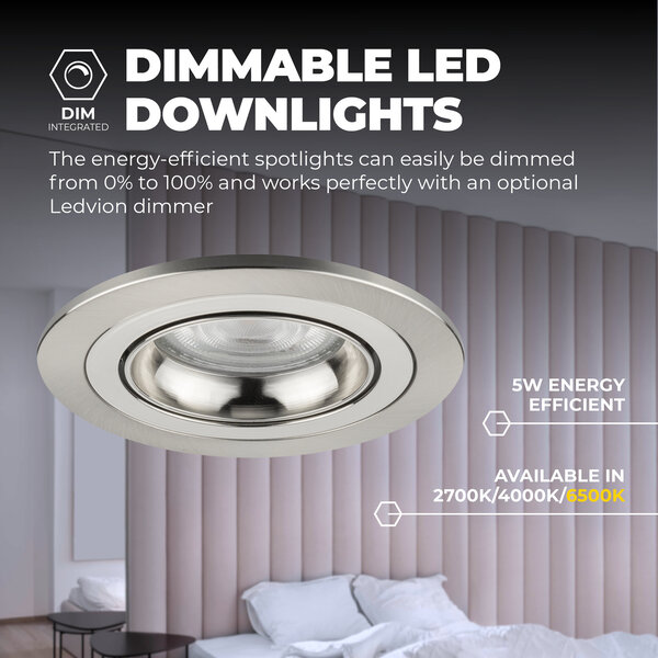 Ledvion Spot Encastrable LED - Dimmable - Inox - Tokyo - 5W - 6500K - Ø92mm - 3 pièces