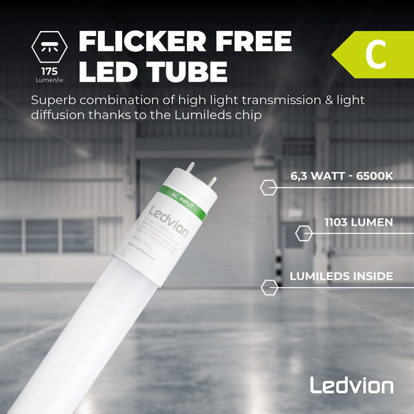Ledvion Réglette LED 60CM - 6.3W - 1100 Lumen - 6500K - Haute Efficacité - Étiquette Énergétique C - IP65 - avec tube fluorescent LED