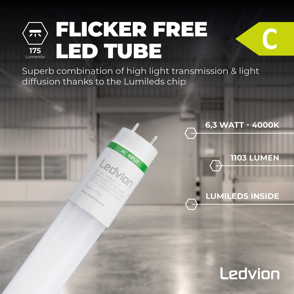 Ledvion Réglette LED 60CM - 6.3W - 1100 Lumen - 4000K - Haute Efficacité - Étiquette Énergétique C - IP65 - avec tube fluorescent LED