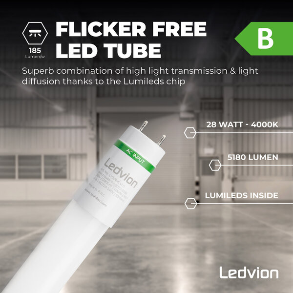 Ledvion Réglette LED 150CM - 2x28W - 10360 Lumen - 4000K - Haute Efficacité - Étiquette Énergétique B - IP65 - avec tube fluorescent LED