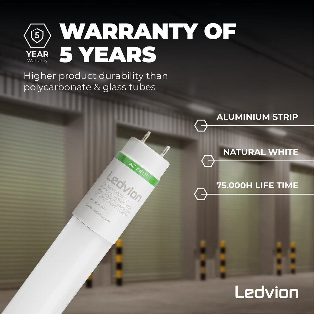 Ledvion Tube néon LED 120CM - 18W - 4000K - 185 Lm/W - Haute efficacité - Label énergétique B