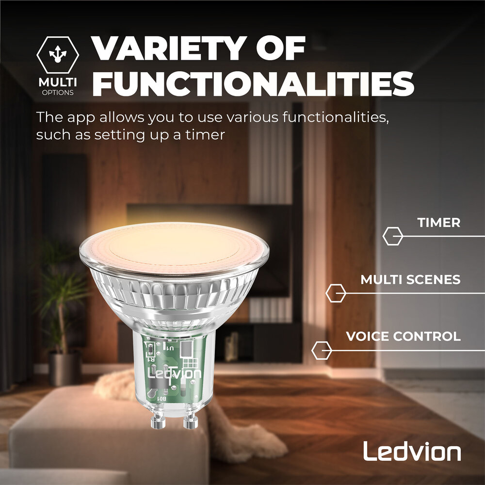 Ledvion 6x Smart RGB+CCT GU10 Ampoule LED Dimmable - Wifi - 4,9W - 6 pièces