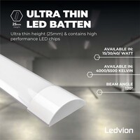 Ledvion Réglette LED Batten 150 cm - Puces LED Samsung - 40W - 140lm/W - 4000K - 5 ans de garantie