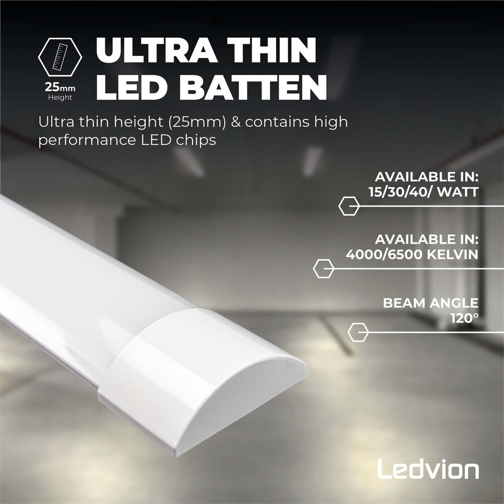 Ledvion Réglette LED 60cm - Samsung LED - 15W - 6500K - Blanc Froid - 5 ans de garantie