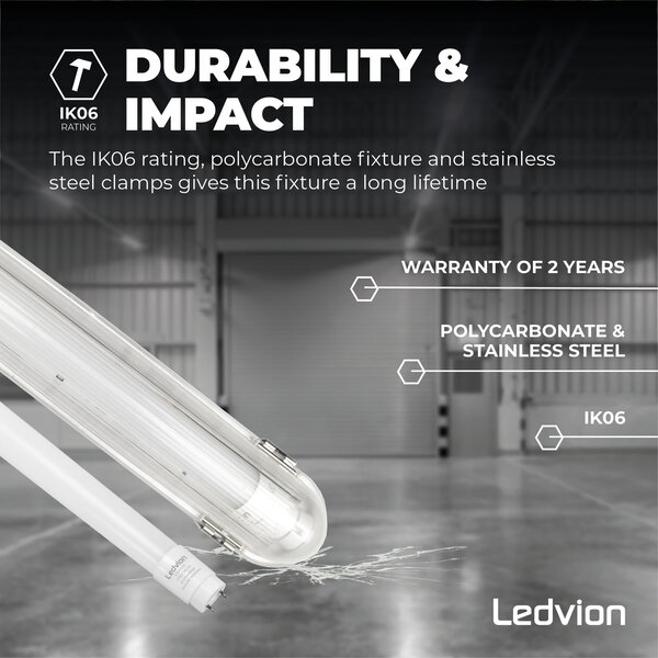 Ledvion Réglette LED avec Capteur 60CM - 6.3W - 4000K - IP65 - avec tube fluorescent LED