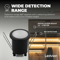 Ledvion Détecteur de Mouvement – Noir – 360 degrés – Capteur jour / nuit – Portée 8 m