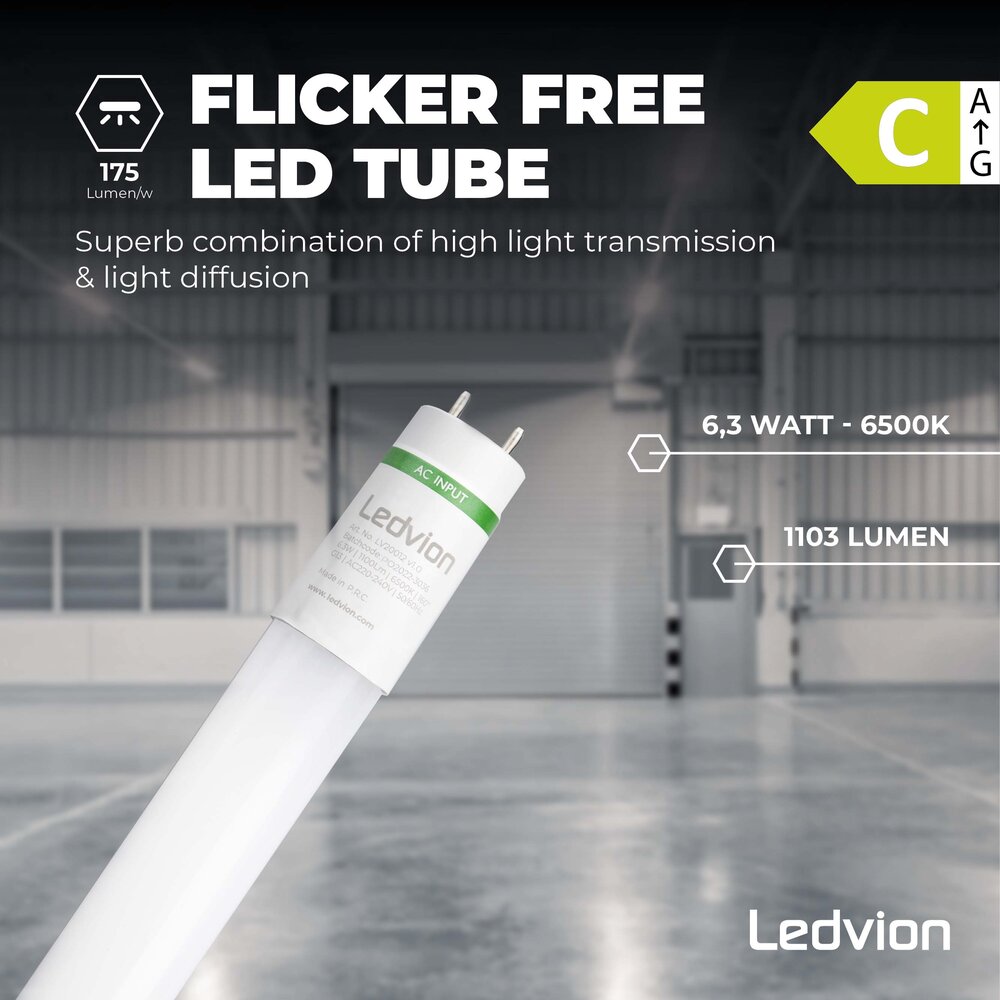 Ledvion Tube néon LED 60CM - 6,3W - 6500K - 175 Lm/W - Haute efficacité - Label énergétique C