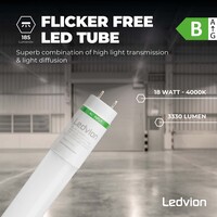 Ledvion Tube néon LED 120CM - 18W - 4000K - 185 Lm/W - Haute efficacité - Label énergétique B