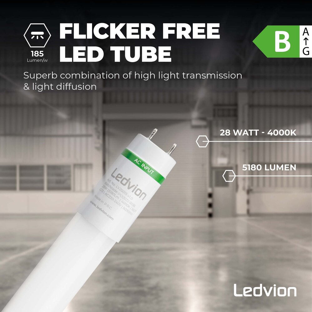 Ledvion Tube néon LED 150CM - 28W - 4000K - 185 Lm/W - Haute efficacité - Label énergétique B