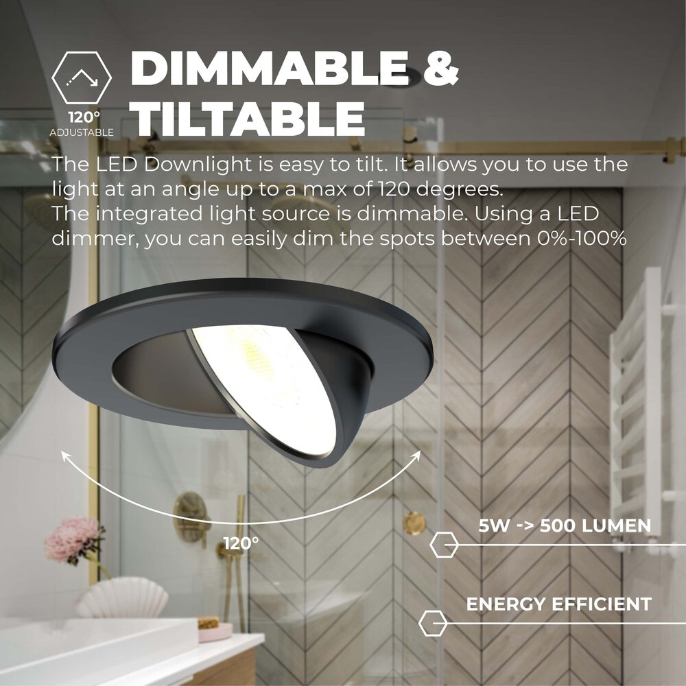 Ledvion Spot Encastrable LED Noir - Dimmable - IP65 - 5W - CCT - ø75mm - 5 ans de garantie - Convient pour la salle de bain