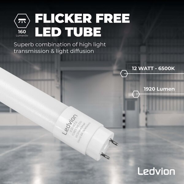 Ledvion Tube néon LED 120CM - 18W - 6500K - 185 Lm/W - Haute efficacité -  Label énergétique B