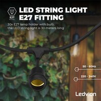 Ledvion 30m Guirlande Guinguette LED + câble de connexion 3m - IP65 - Liable - Avec 30 lampes LED