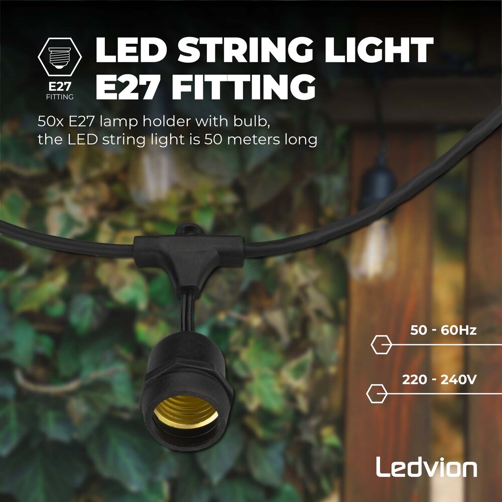 Ledvion 50m Guirlande Guinguette LED + câble de connexion 3m - IP65 - Liable - Avec 50 lampes LED