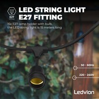 Ledvion 15m Guirlande Guinguette LED + câble de connexion 3m - IP65 - Liable - Avec 15 lampes LED