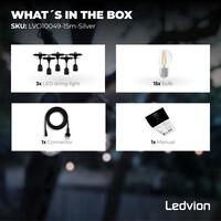 Ledvion 15m Guirlande Guinguette LED + câble de connexion 3m - IP65 - Liable - Avec 15 lampes LED