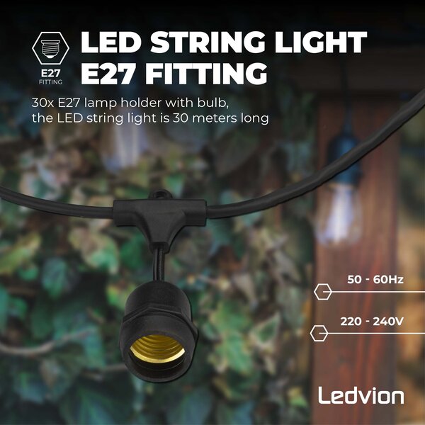 Ledvion 30m Guirlande Guinguette LED + câble de connexion 3m - IP65 - Liable - Avec 30 lampes LED