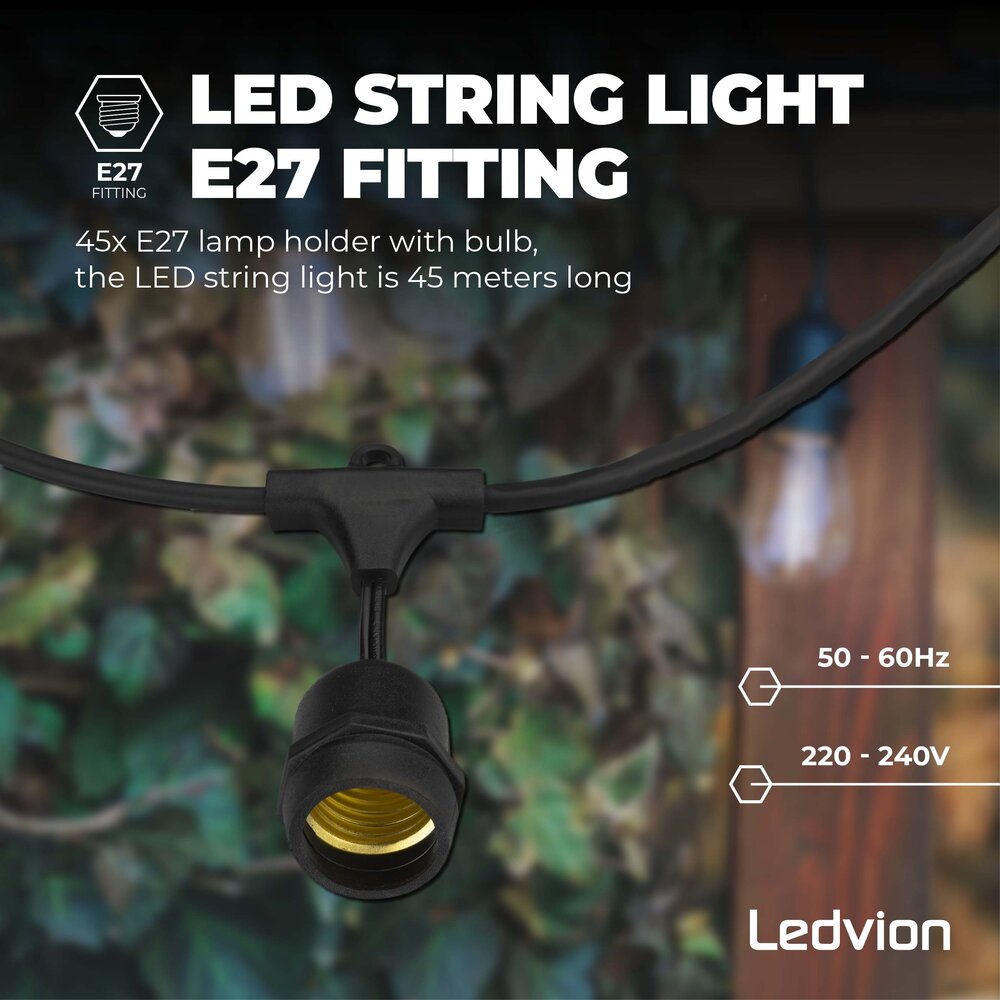 Ledvion 45m Guirlande Guinguette LED + câble de connexion 3m - IP65 - Liable - Avec 45 lampes LED