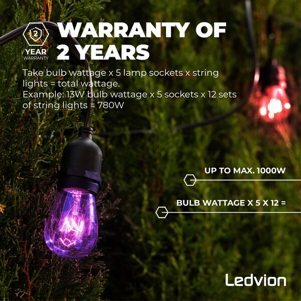 Ledvion 10m Guirlande Guinguette LED + câble de connexion 3m - IP65 - Liable - Avec 10 lampes LED