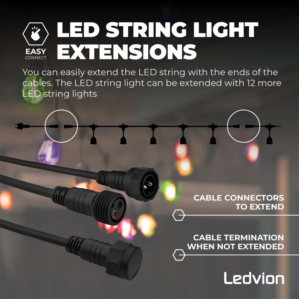 Ledvion 15m Guirlande Guinguette LED + câble de connexion 3m - IP65 - Liable - Avec 15 lampes LED