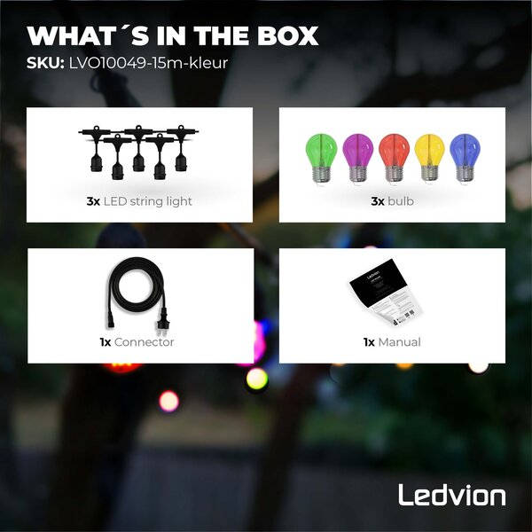 Ledvion 15m Guirlande Guinguette LED + câble de connexion 3m - IP65 - Liable - Avec 15 lampes LED