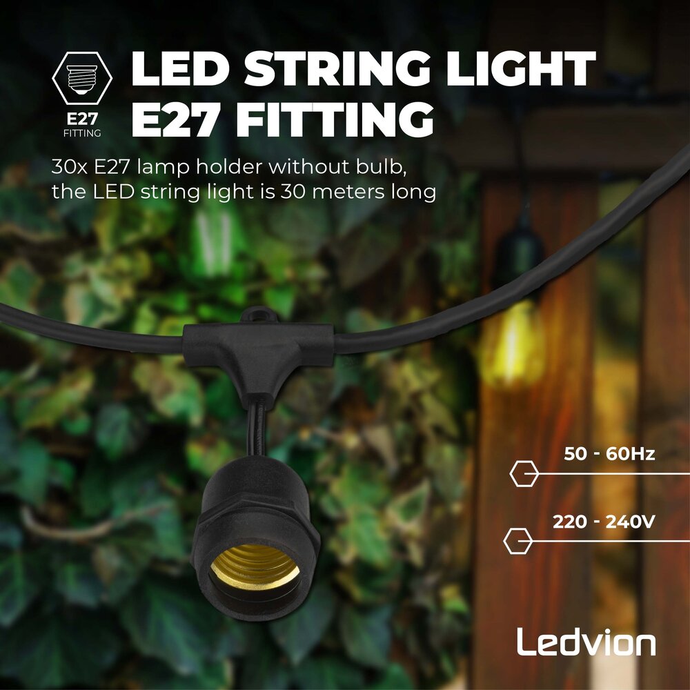 Ledvion 30m Guirlande Guinguette LED + câble de connexion 3m - IP65 - Liable - Avec 30 lampes LED