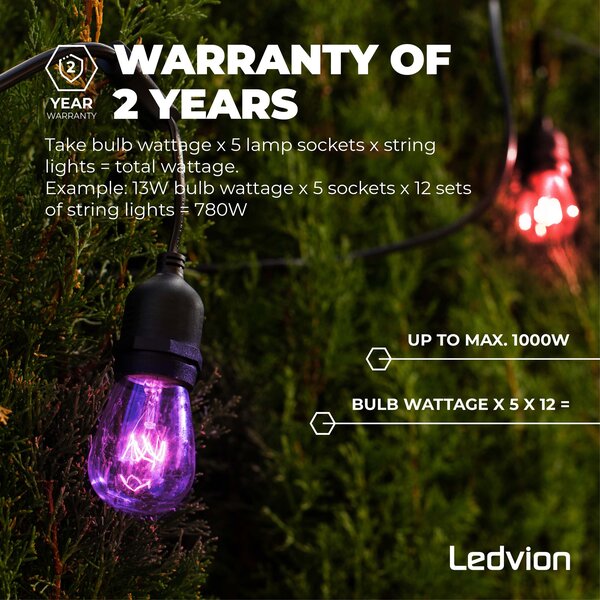 Ledvion 40m Guirlande Guinguette LED + câble de connexion 3m - IP65 - Liable - Avec 40 lampes LED
