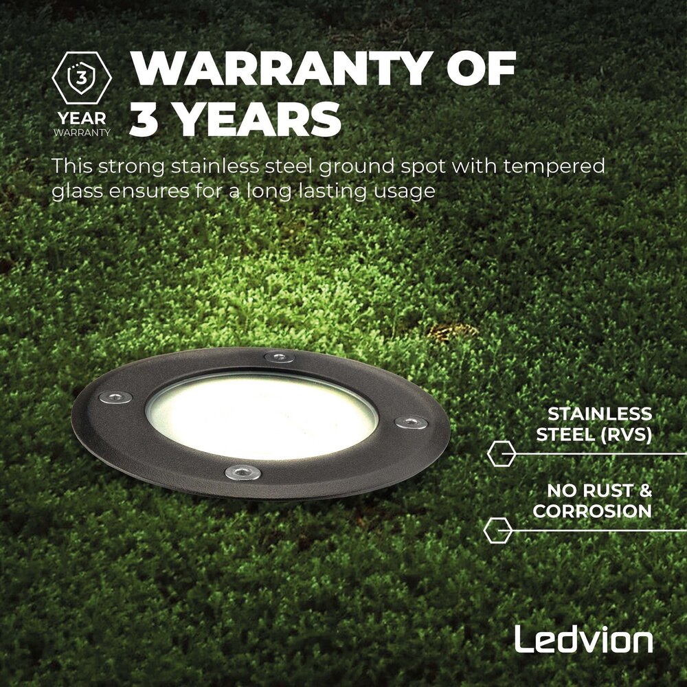 Ledvion Spot encastrable de sol LED - Noir - Ronde - IP67 - 5W - 4000K - Câble 1M