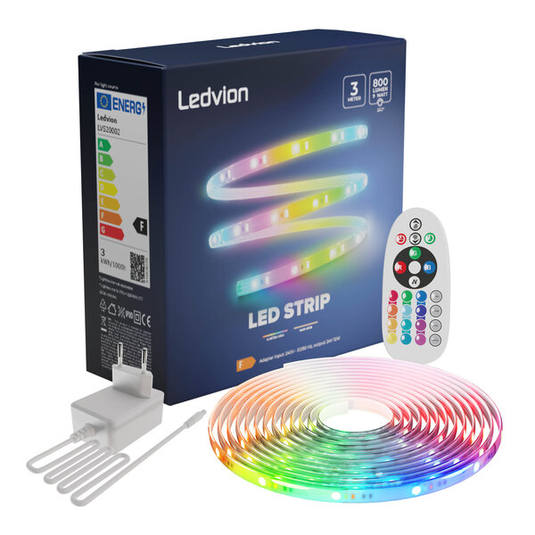 Ledvion Ruban LED Dimmable - 3 Mètres - RGB + 3000K - 24V - 9W - Prêt à l'emploi