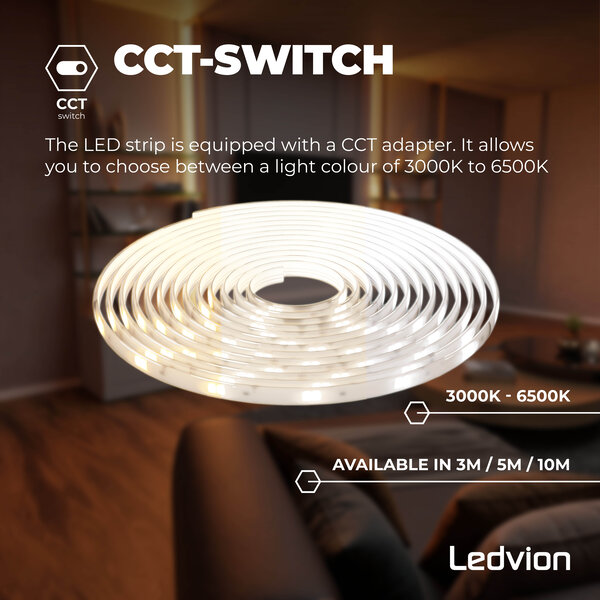 Ledvion Ruban LED Dimmable - 10 Mètres - 3000K-6500K - 24V - 24W - Prêt à l'emploi