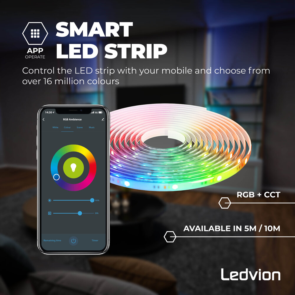 Ledvion Smart Ruban LED Dimmable - 5 Mètres - RGB + CCT - 24V - 12W - Prêt à l'emploi