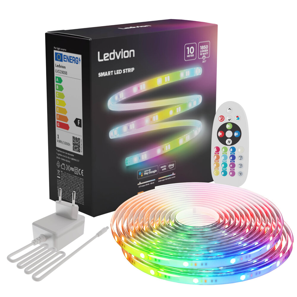 Ledvion Smart Ruban LED Dimmable - 10 Mètres - RGB + CCT - 24V - 19W - Prêt à l'emploi